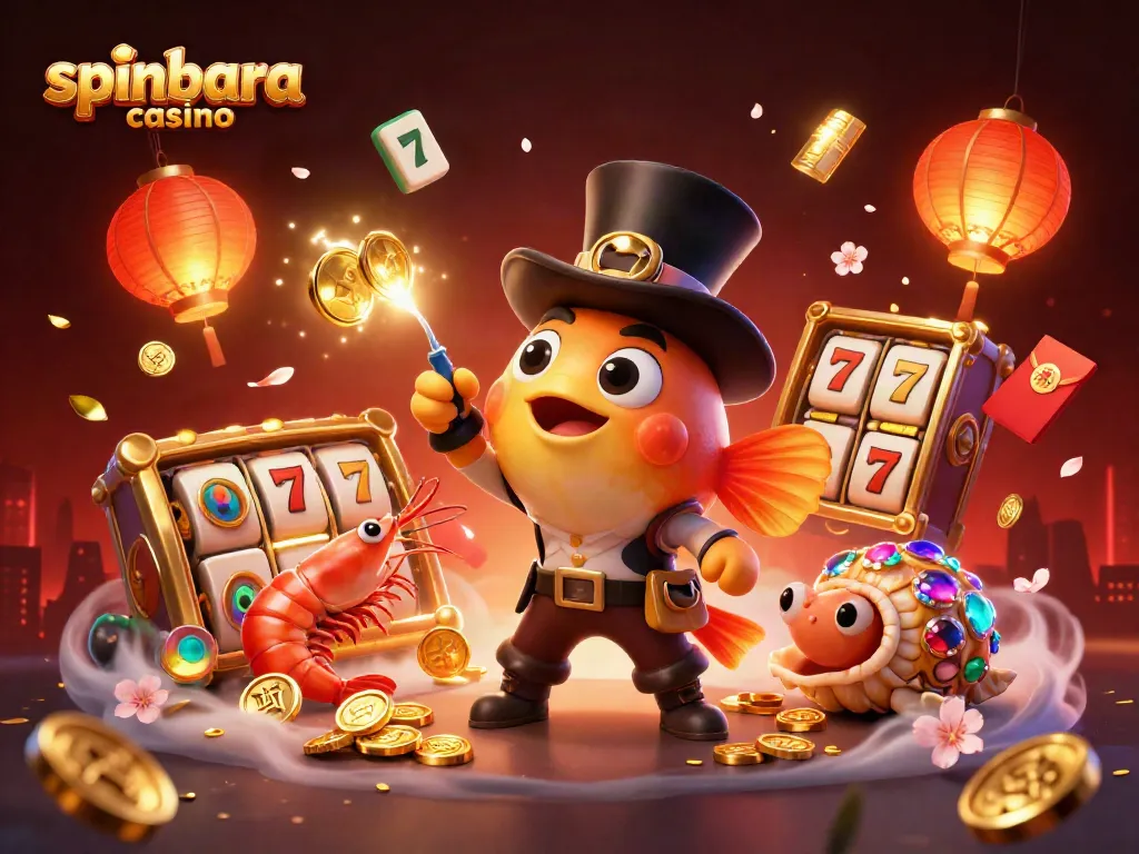 Spinbara casino scene with glowing elements, 3D characters attracting tokens in dynamic play.