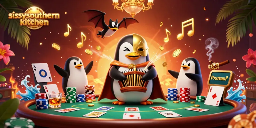 Spin and win at sissyssouthernkitchen’s lively casino scene filled with golden coins and poker chips.