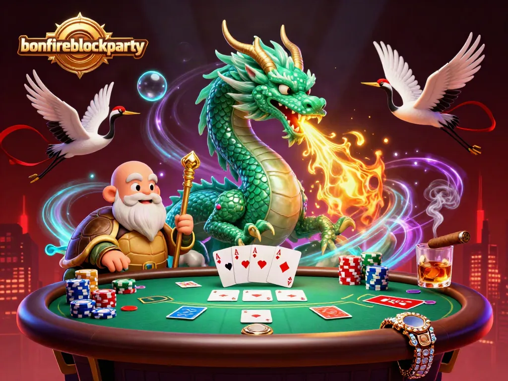 Experience thrilling gambling action at bonfireblockparty with a jade dragon, turtles, and poker elements.