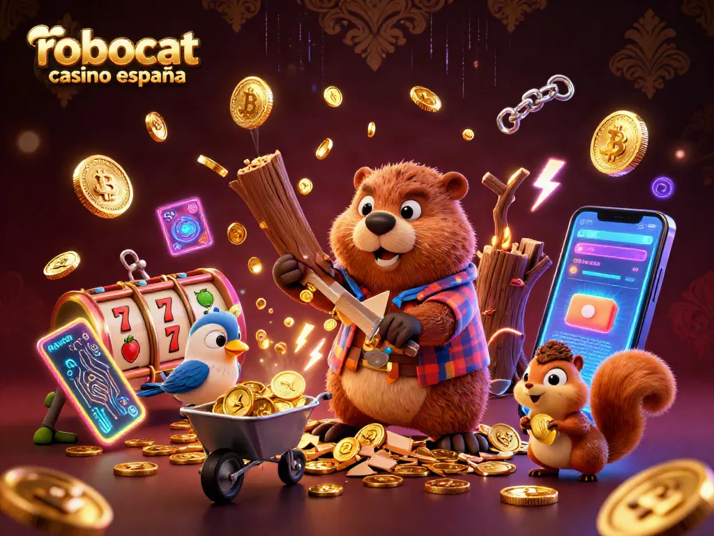 Engage with robocat casino españa's vibrant scene showcasing a beaver, bird, and squirrel amidst slot reels and coins.