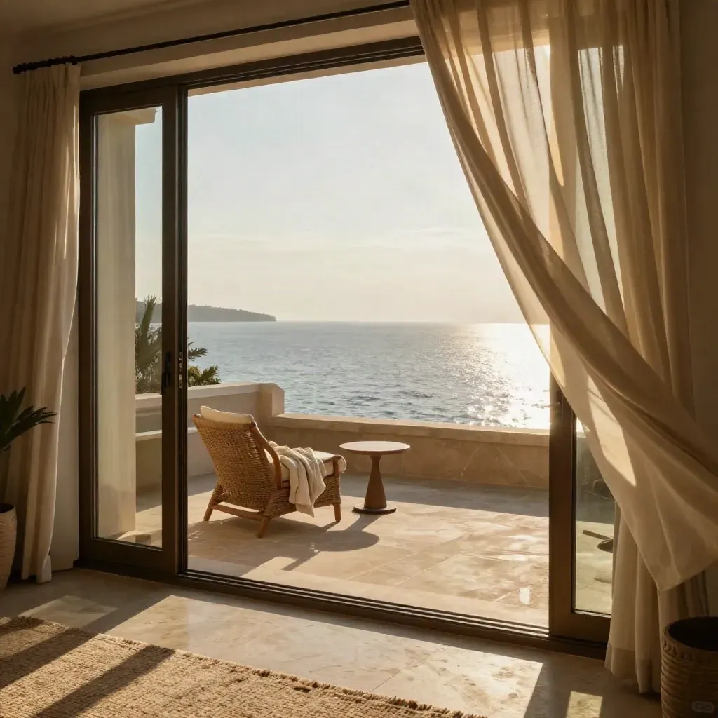 Suite abierta con balcón, silla tejida y vistas al mar desde el interior.
