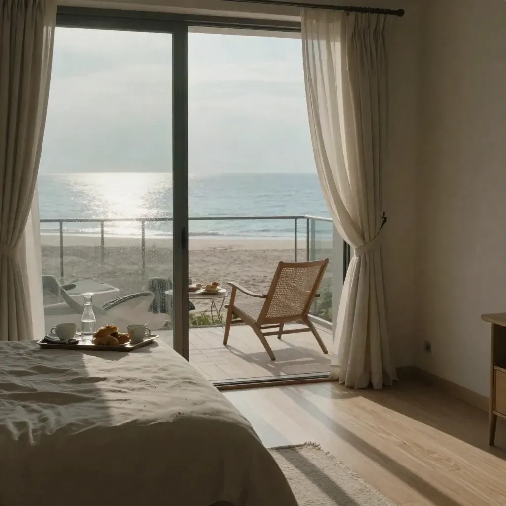Suite frente al mar al amanecer, cama de lino, silla de mimbre y desayuno junto al balcón.