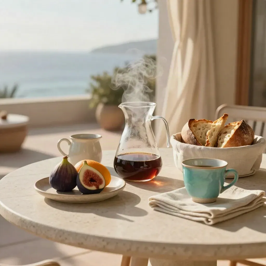 Desayuno en terraza: café humeante, fruta, pan y vajilla cerámica junto al mar.