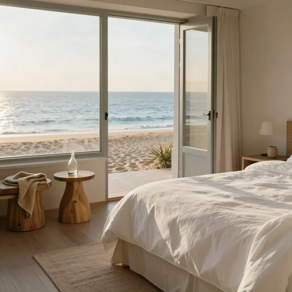 Habitación doble frente al mar con cama blanca y puerta abierta al horizonte.