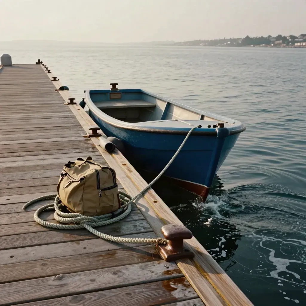 Lancha de excursión en un muelle, con cuerdas, bolsones y salpicadura marina al atardecer.