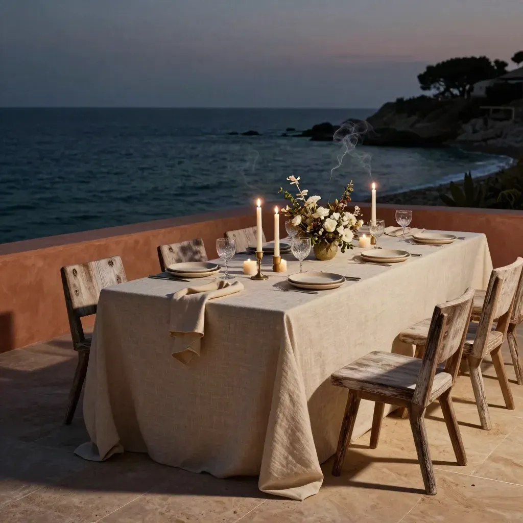 Mesa privada junto al mar al atardecer, con velas, cerámica y flores bajas.