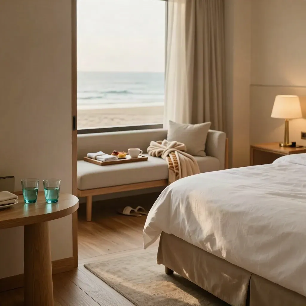 Suite de pareja frente al mar con cama abierta, vasos, bandeja y lámpara cálida.
