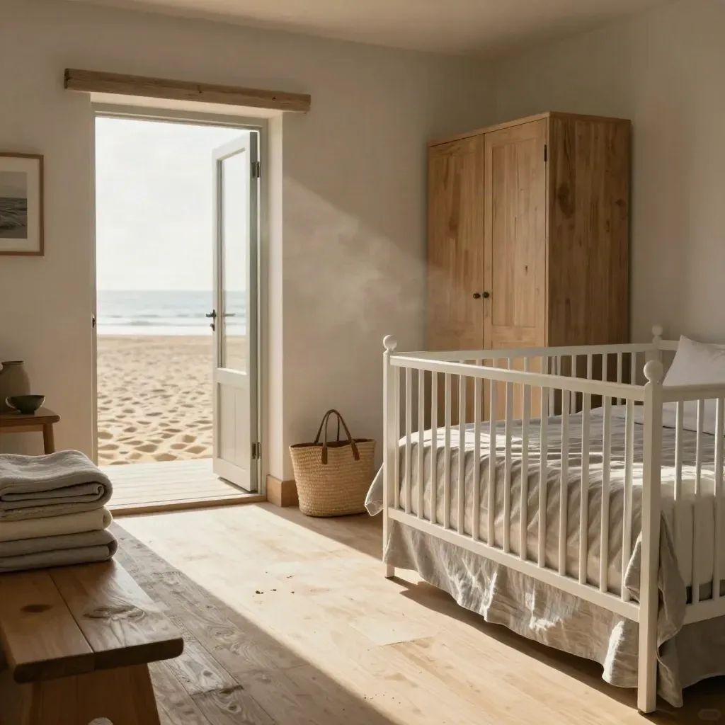 Suite familiar preparada junto al mar, con cuna, cama, toallas y terraza abierta a la arena.