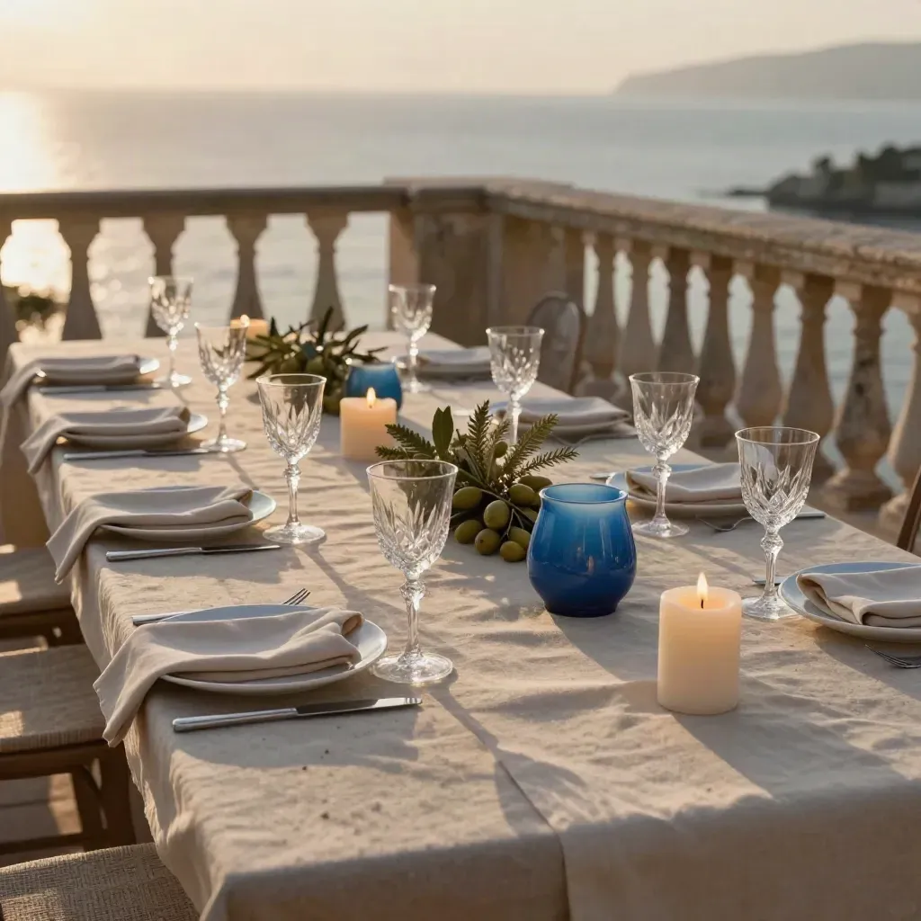 Montaje de cena privada junto al mar con velas, copas y centro floral bajo luz cálida.