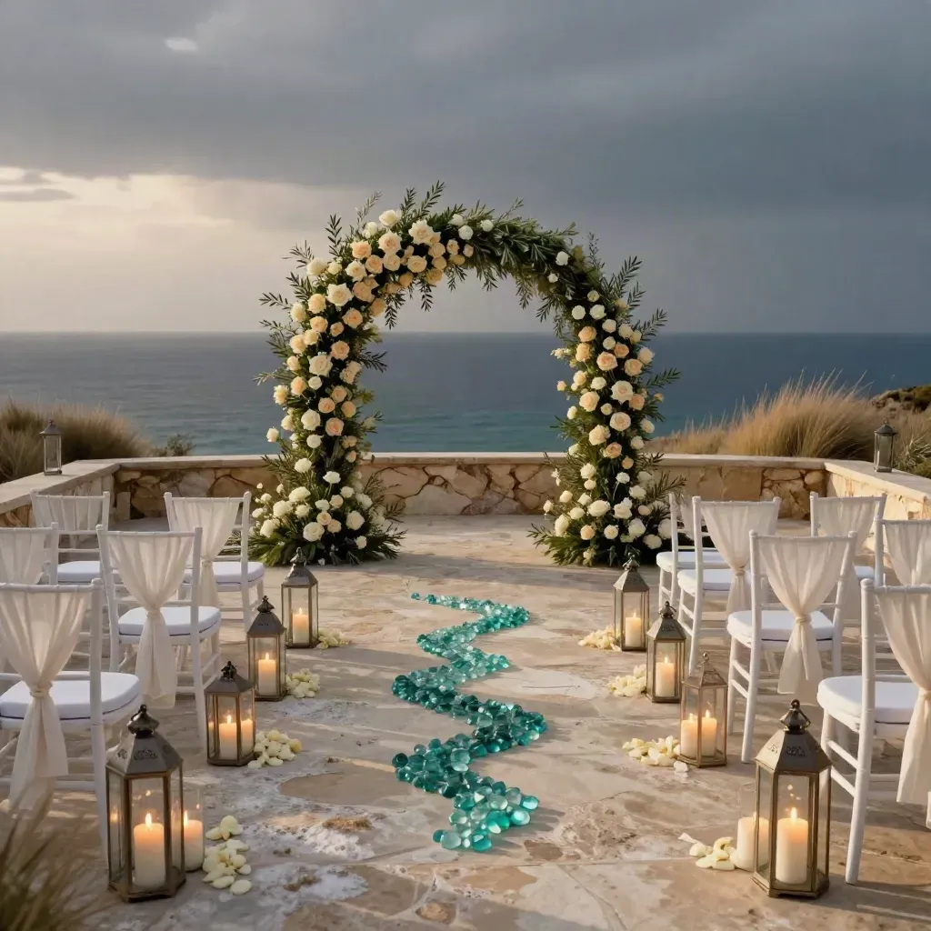 Montaje nupcial íntimo frente al mar con arco floral, sillas, faroles y terraza al atardecer.