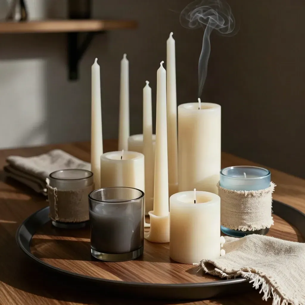 Velas cónicas, votivas de vidrio y anillas de lino sobre una bandeja oscura con humo suave.