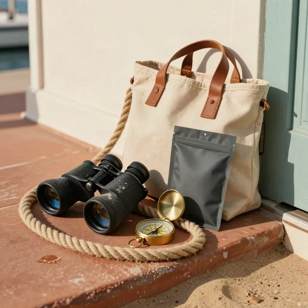 Kit de excursión marina junto a la puerta del muelle, con brújula, prismáticos, cuerda y bolsa seca.