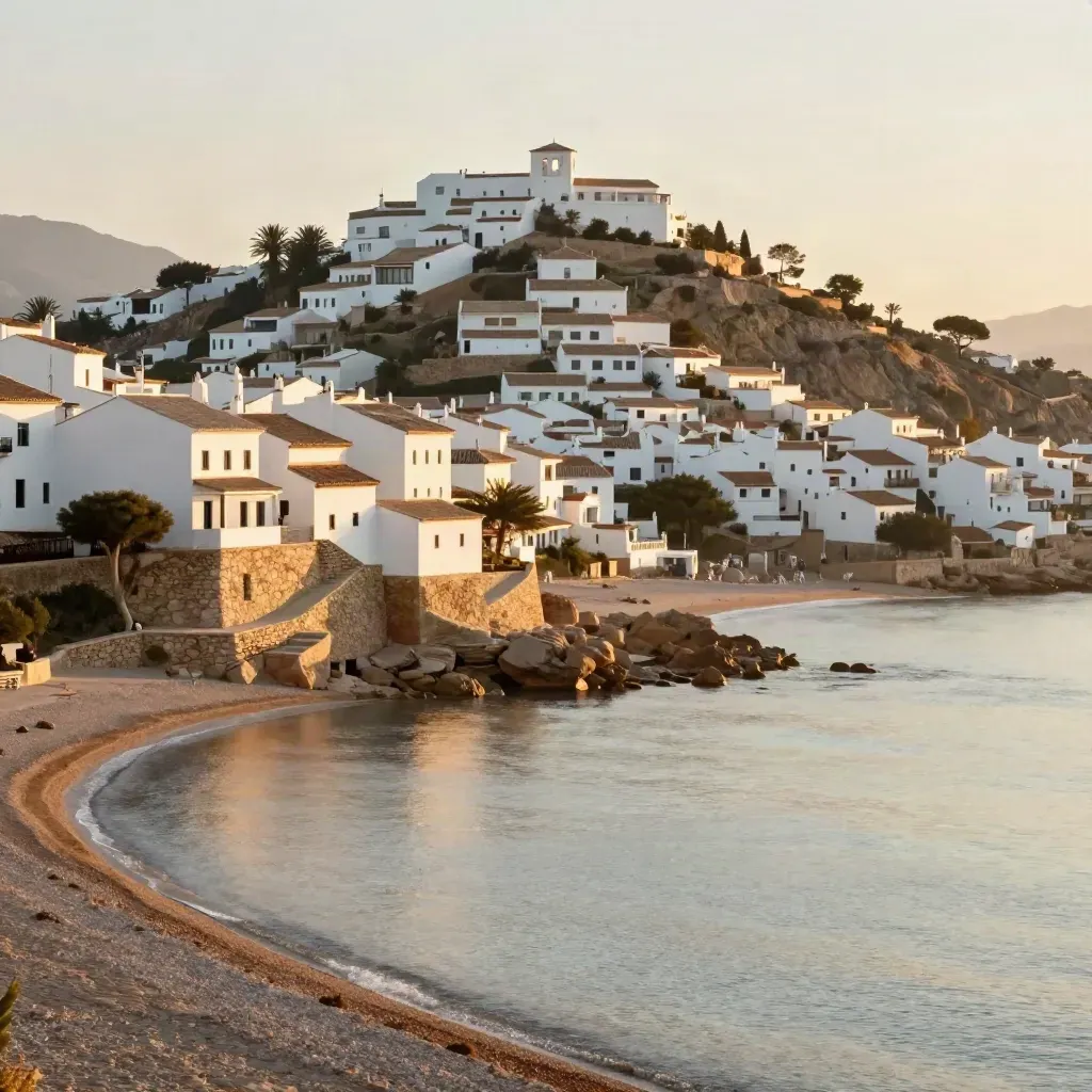 Vista amplia de la Costa del Sol con colinas blancas al sol y bahía tranquila en niebla cálida.