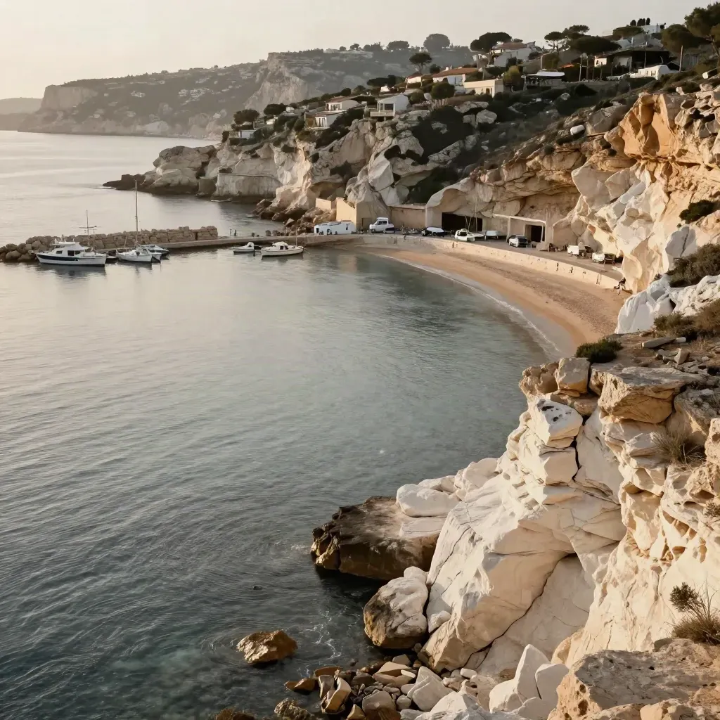 Calas de piedra caliza y puerto tranquilo de la Costa Blanca al atardecer