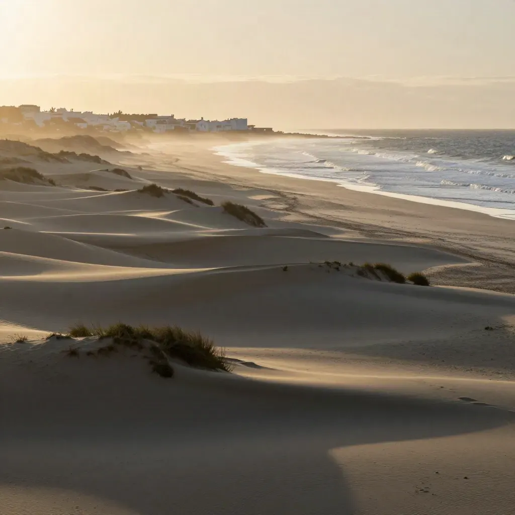 Dunas y playa atlántica de Costa de la Luz con arquitectura baja y niebla al atardecer.