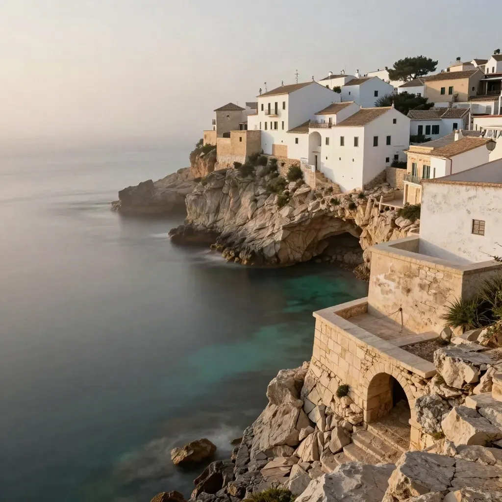 Acantilados blancos de Baleares sobre una cala turquesa con bruma suave
