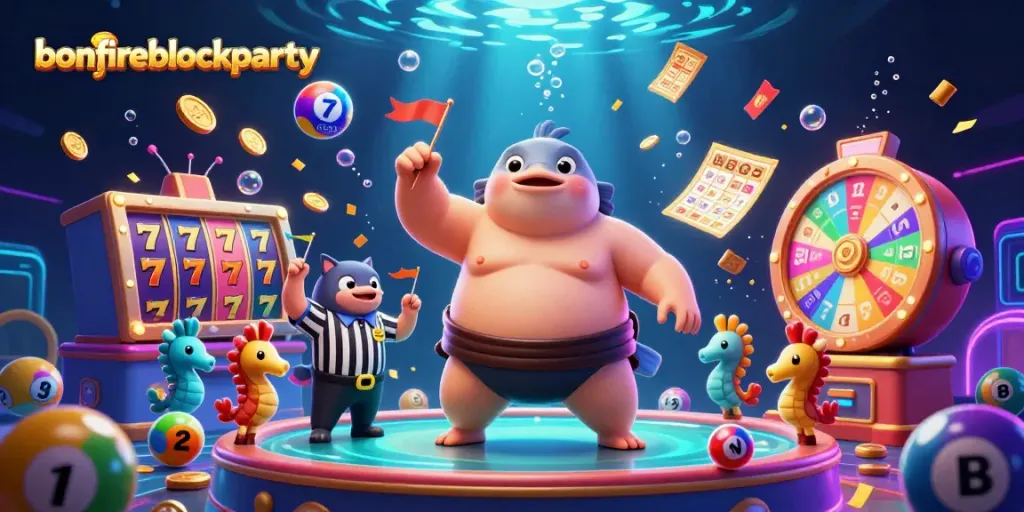 Engage with the bonfireblockparty's casino-themed event featuring vibrant slot reels and characters.