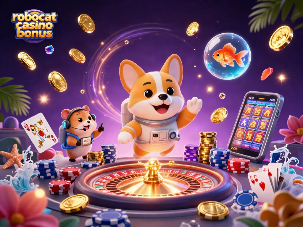 Experience the thrilling robocat casino bonus with a dynamic scene of an astronaut corgi in a space casino.